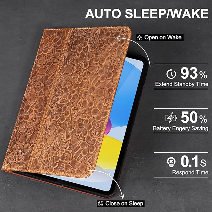 Leather Case for iPad (A16) 11th Gen. 2025 11 Inch iPad 10th Gen.2022 10.9 Inch Full Grain Leather Cover with Auto Sleep/Wake Anti Slip Brown Flower