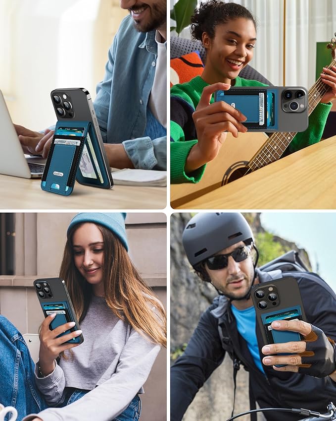 For Magsafe Wallet Stand Strongest Magnetic Phone Wallet Leather Magnetic Card Holder Wallet for iPhone 17/16/15/14/13/12 Series ID Window 4 Card Slots Hold 10 Cards RFID Blocking Blue