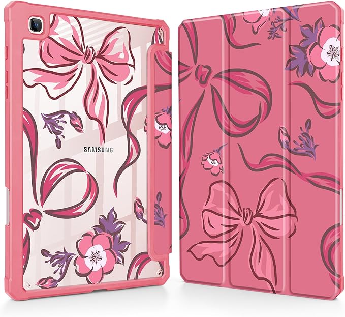 Mektron Case for Samsung Galaxy Tab S6 Lite 10.4 Inch 2024/2022/2020 with S Pen Holder Multi-Angle Viewing with Shockproof Cover Clear Shell + Trifold Stand + Auto Wake/Sleep Flowers-Bows-Red