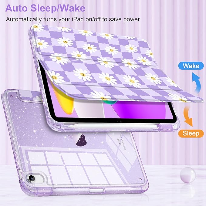 MEEgoodo Case for iPad A16 11th Generation 2025/10th Generation 2022 Glitter Tablet Cases with Transparent Acrylic Back+Trifold Stand +Pencil Holder+Auto Wake/SleepCool Flower &amp Purple Checkerbo