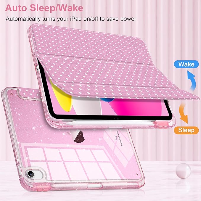 MEEgoodo Case for iPad A16 11th Generation 2025/10th Generation 2022 Glitter Tablet Cases with Transparent Acrylic Back+Trifold Stand +Pencil Holder+Auto Wake/SleepCherry Blossom Pink&ampPolka Dots