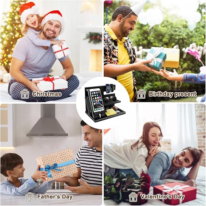 Gifts for Men Christmas Wood Phone Docking Station Mens Gifts for Birthday or Gifts for Dad Fathers Day Desk Workspace Organizer Nightstand Organizer Key for Wallet &amp Watch Holder Husband Chris