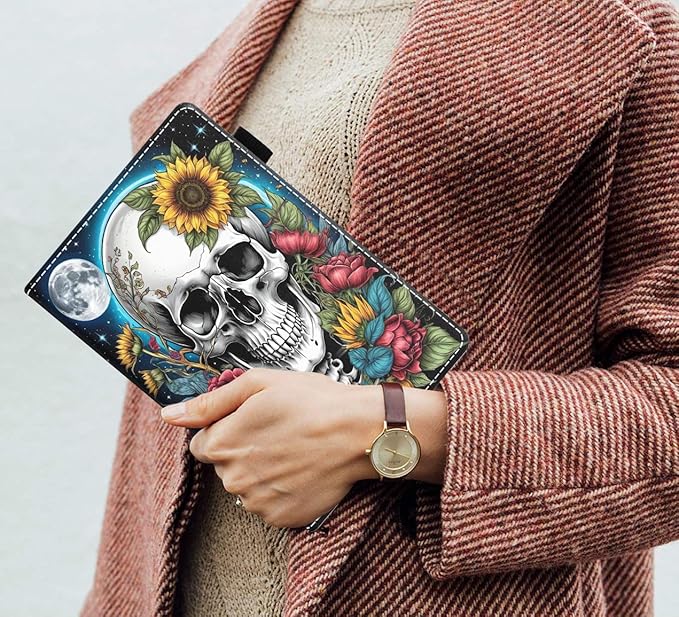 Case for Amazon Fire HD 10/HD 10 Plus Tablet 10.1 (13th/11th Generation 2023/2021 Release) Slim PU Leather Cover with Card Slot &amp Auto Wake/Sleep Skull Flower