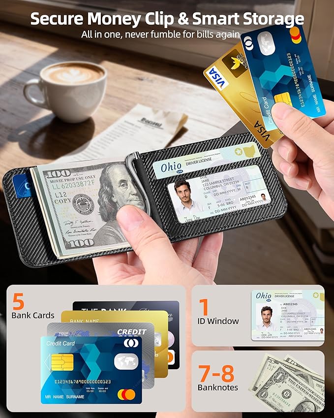For Magsafe Wallet with Money Clip Strongest Magnetic Wallet for iPhone 17/16/15/14/13/12 Series Adjustable Stand ID Window 5 Card Holder Vegan Leather Not for 13/12 Mini Black Carbon Fiber