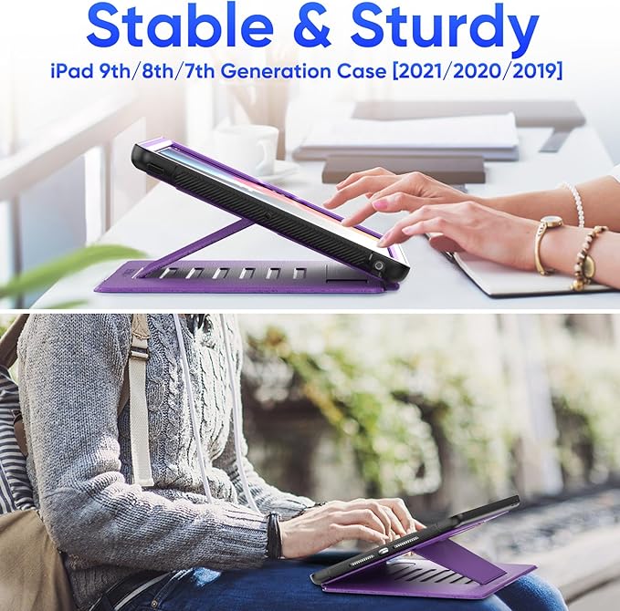SEYMAC stock Case for iPad 9th/8th/7th Generation 10.2'' Strong Magnetic Auto Sleep Shockproof Case with Absorbing Multi-Angles Stand Pen Holder Card Slot (Purple)