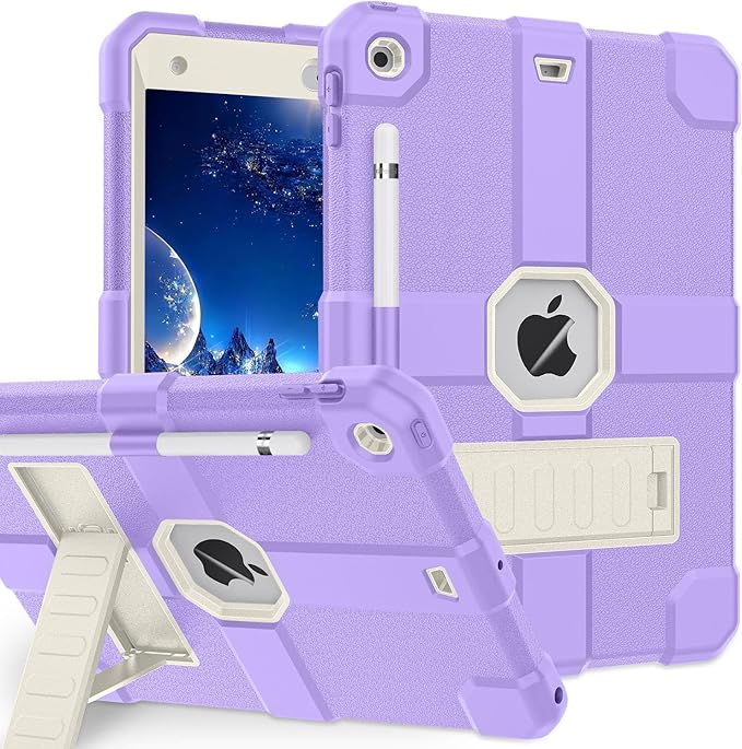 Case for iPad 9th/8th/7th Generation 2021/2020/2019(10.2 inch) Heavy Duty Shockproof Rugged Protective 10.2 Cover with Built-in Stand for iPad 9 8 7 Gen(White+Light Purple)
