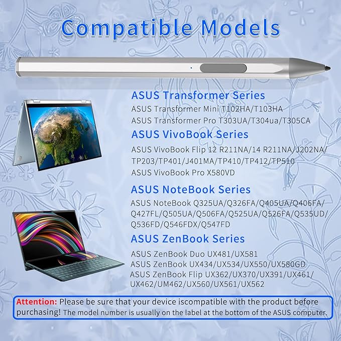 Stylus Pen for ASUS Transformer/Mini/ASUS Zenbook Flip/Pro/ASUS Vivobook Flip/Pro/Duo/ASUS Notebook Rechargeable MPP 2.0 Tilt Active Pen with 4096 Pressure Sensitivity Palm RejectionSilver