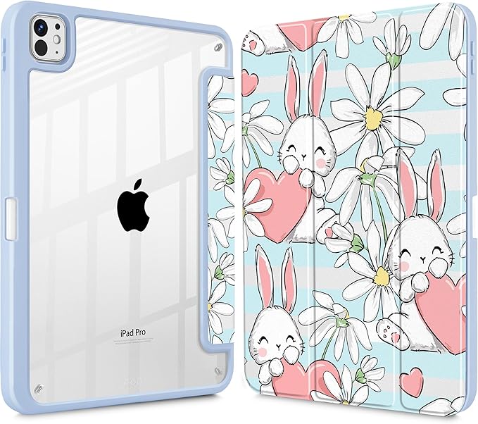 May Chen Case for iPad Pro 11-Inch M5/M4 2025/2024 (6th/5th Generation) [Penceil Holder] Trifold Stand Auto Wake/Sleep Clear TPU Protection Back Cover Heart Rabbits