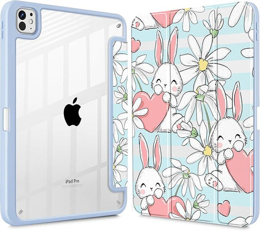 May Chen Case for iPad Pro 11-Inch M5/M4 2025/2024 (6th/5th Generation) [Penceil Holder] Trifold Stand Auto Wake/Sleep Clear TPU Protection Back Cover Heart Rabbits