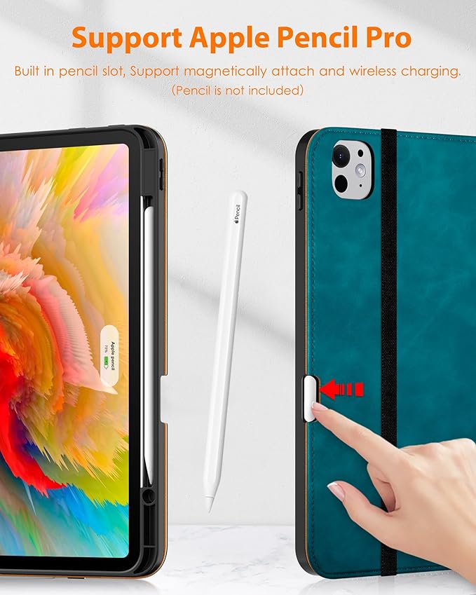 DTTO for iPad Pro 13 inch Case (M5/M4) 2025/2024 Premium Leather Business Folio Stand Cover with Pencil Holder - Auto Wake/Sleep &amp Multiple Viewing Angles Built in Hand Strap &amp Pocket Teal