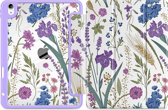 DONGKE Case for iPad Air 11-inch M4 2026 &amp M3 2025 &amp M2 2024 iPad Air 5th/4th Gen 10.9 2022/2020 [Built-in Pencil Holder] Clear Acrylic Back Trifold Stand Smart Cover Purple Botanical Wild