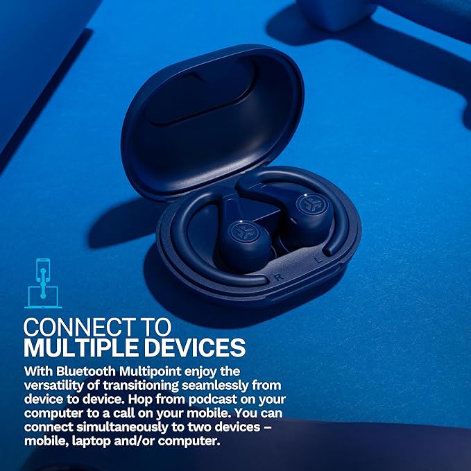 JLab JBuds Sport ANC 4 True Wireless Bluetooth Earbuds + Charging Case Cobalt Blue Swipe + Touch Controls Hybrid Active Noise Cancelation Multipoint Connect Customized Settings App