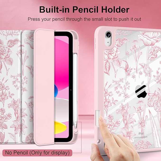 DONGKE Case for iPad (A16) 11th Generation 11 inch 2025 &amp iPad 10th Gen 10.9 inch 2022 [Built-in Pencil Holder] Clear Acrylic Back Trifold Stand Smart Cover Auto Sleep/Wake Pink Florals