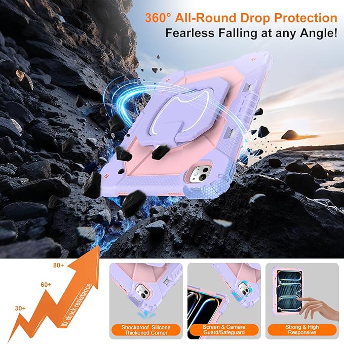 Case for iPad Pro 13 Inch M5 2025 / M4 2024 Auorld for iPad Pro 13 Inch M5 2025 with Screen Protector 360 Degree Rotating Stand Shoulder Strap Pencil Holder Purple Pink