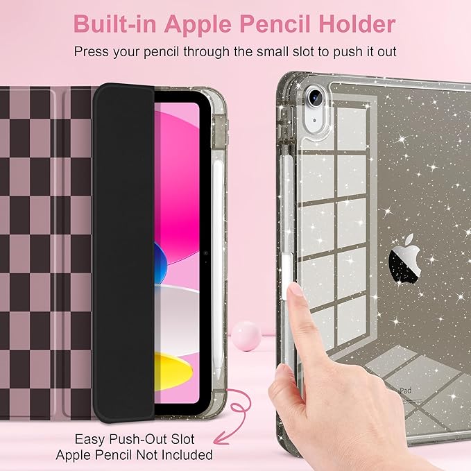 DONGKE for iPad Pro 11 inch Case – Fits M5 2025 / M4 2024 Shockproof Sparkling Glitter Acrylic Back Pencil Holder Trifold Stand Auto Sleep/Wake &amp Touch ID Support - Brown Gingham