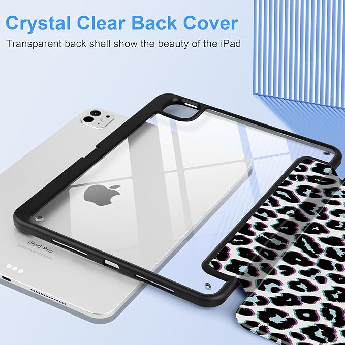 TWOLSKOO Case for iPad Pro 11-inch (M5 2025 / M4 2024) Clear Acrylic Back with TPU Bumper Pencil Holder Trifold Stand Auto Sleep/Wake Black Leopard