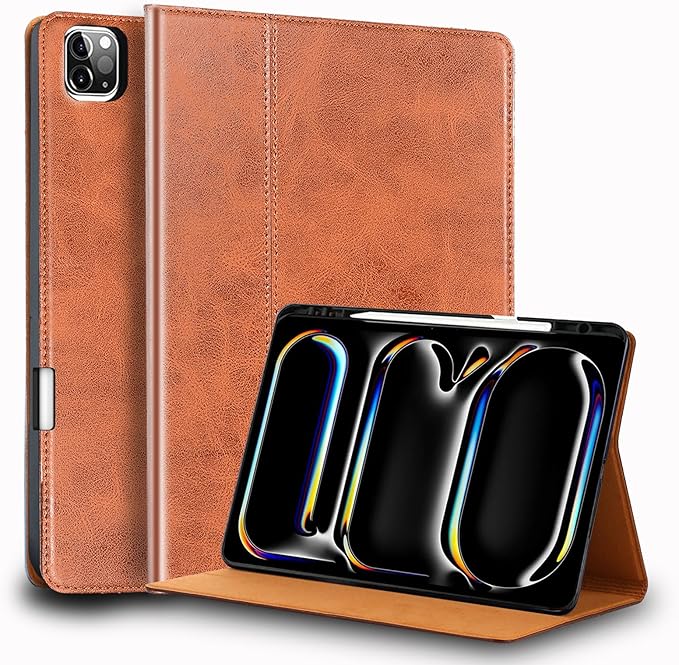 for Ipad Pro 13-inch Case M4/M5 2024/2025(Model:A3360/A3361/A2925/A2926) Genuine Leather Cover Protective ShellBuilt-in Pencil Holder and Auto Wake/Sleep.Brown