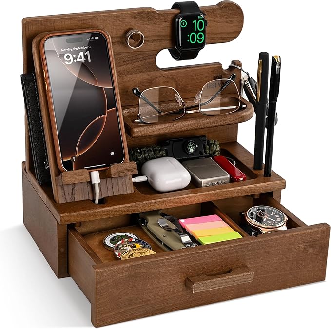 TESLYAR Wood Phone Docking Station with Drawer - Nightstand Organizer - Desk Organizer for Husband - Birthday Gifts for Men Dad Anniversary Idea Key Holder Stand Watch &amp Accessories (Desert Bei