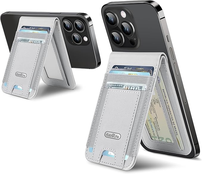 For Magsafe Wallet Stand Strongest Magnetic Wallet for iPhone 17/16/15/14/13/12 Series Magnetic Card Holder with 4 Card Slots ID Window10 Cards Holder Vegan Leather RFID Blocking Gray