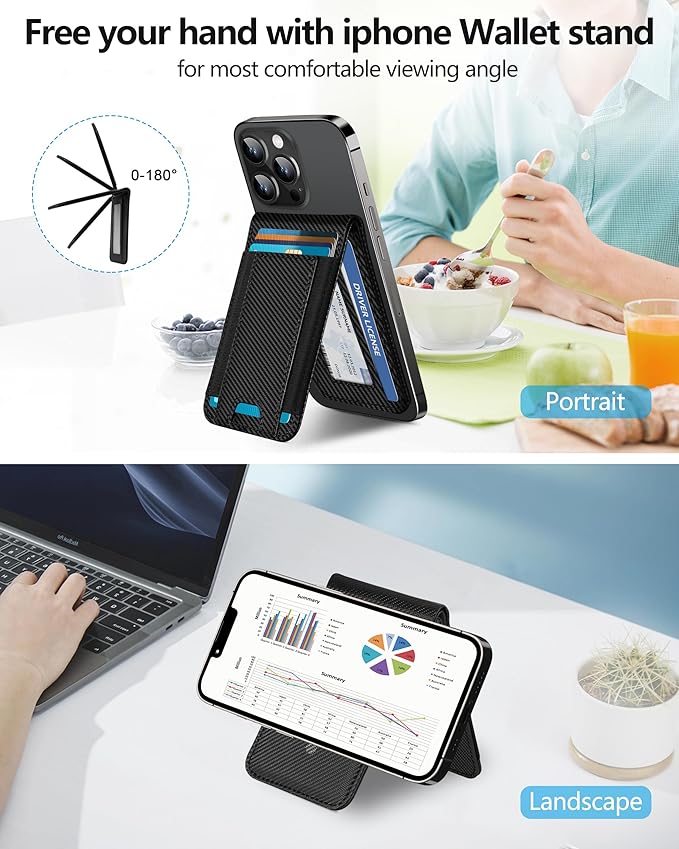 ExtreLife 2-in-1 Magsafe Wallet Adjustable Stand and Open ID Window Magnetic Wallet for iPhone 17/16/15/14 Pro Max/14 Pro/14/14 Plus/13/12 Series 9 Cards Black Carbon Fiber