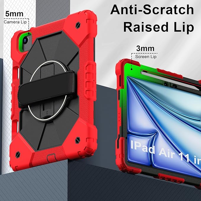 tab case for iPad Air 11 inch (M2) 2024 Shockproof Protective Case with 360° Rotate Kickstand/Hand Strap/Shoulder Strap for iPad Air 6th Generation CaseRed+Black