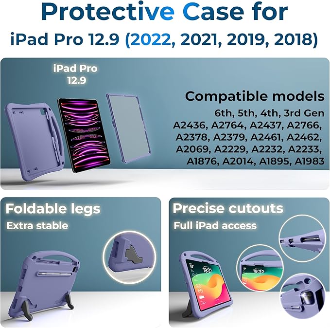 Bam Bino Space Suit Kids Case for iPad Pro 12.9 3rd/4th/5th/6th Generation (2018-2022) Models [Not for iPad Pro 12.9 1st/2nd Gen] Screen Guard Handle Shoulder Strap Pencil Holder (Nebula Violet)
