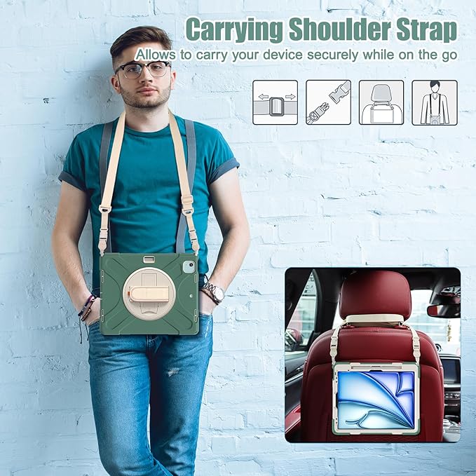 for iPad Air 13-inch M2 (2024) A2898/A2899 for iPad Pro 12.9 Rugged Case Portable Heavy Duty Shock-Proof Armor Cover with Swivel Kickstand/Hand Grip Shoulder Strap Pencil Holder(Sage Green)