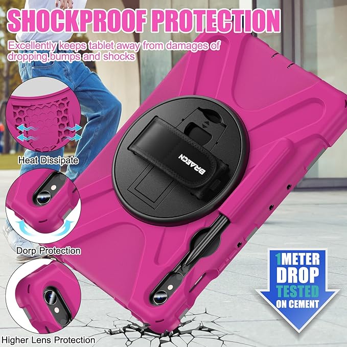 BRAECNstock for Samsung Galaxy Tab S10 Lite/ S10 FE/ S9 FE/ S9/ S8/ S7 5G Case 10.9/11 Shockproof Protective Kids Case with Pencil Holder Rotating Hand Strap &amp Stand Shoulder Strap Rose Red