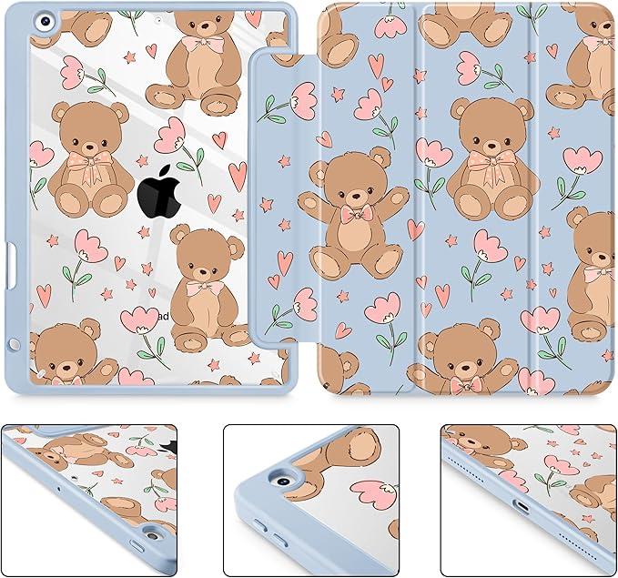 May Chen for iPad 9th Generation with Pencil Holder iPad 8th/7th Gen Case 10.2-inch [Penceil Holder] Trifold Stand Auto Wake/Sleep Clear TPU Protection Back Cover Cute Teddy Bear