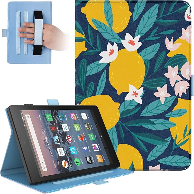 Dteck for Fire HD 8 Tablet Case (8th/7th/6th Generation-2018/2017/2016 Release) 8 Lightweight Folio Case with Auto Sleep Wake &amp Stand Function Hand Strap Protective PU Leather Cute Cover Lemo