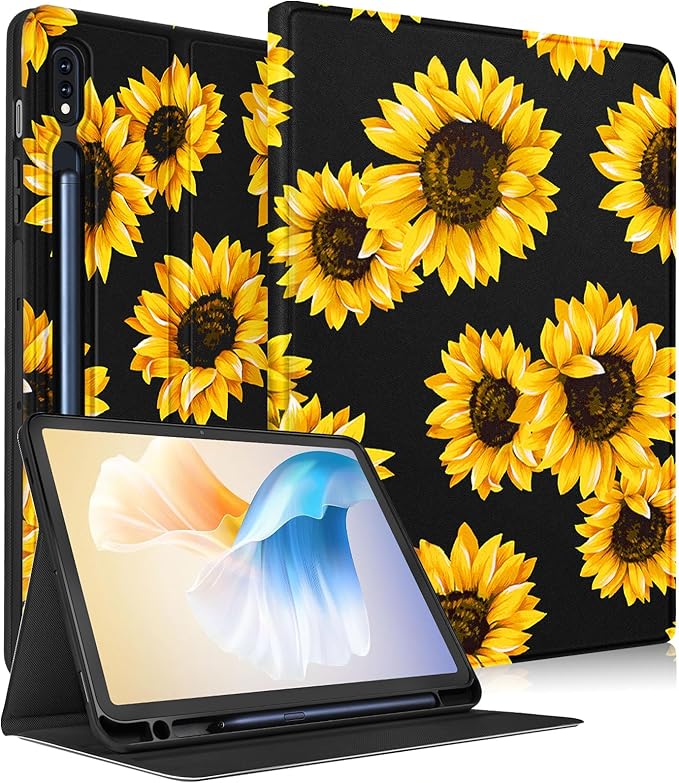 for Samsung Galaxy Tab S9 Plus Case 12.4 Inch 2023 Folio Cover with Pencil Holder Cute Pretty Design Girly Kawaii Black Sunflower Tablet Case