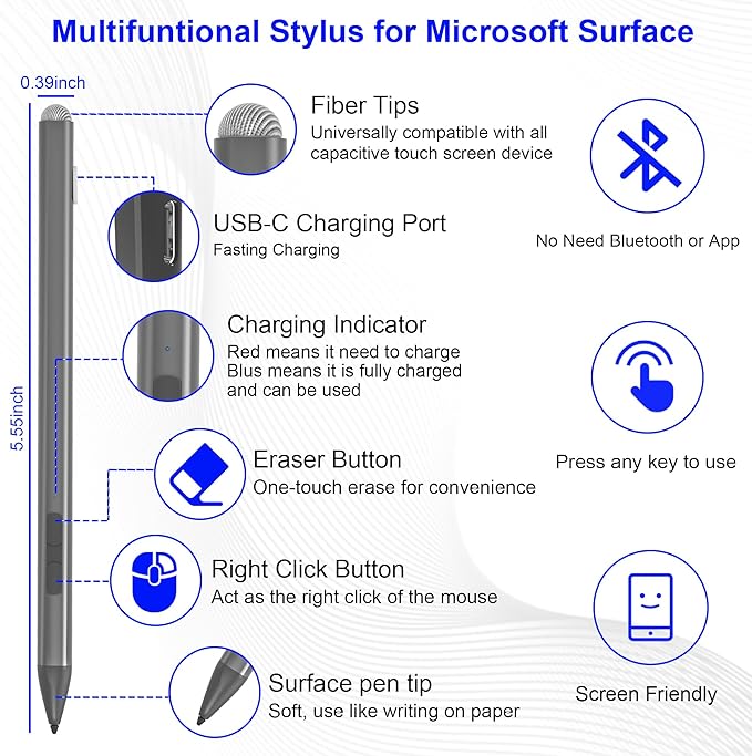 Surface Pen for Surface Pro 13/12/11/9/10/8/X/7/6/5/4/3 Surface Pro Pencil with Precision Tip Palm Rejection Tilt Sensitivity Surface Stylus for Surface Go 3/Go 2/Book/Laptop 5 (Gray)