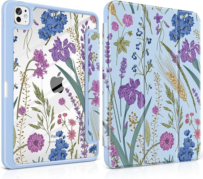 DONGKE for iPad Pro 11-Inch Case (M5 2025 / M4 2024) 6th/5th Generation [Auto Sleep/Wake &amp Pencil Pro Holder] Clear Acrylic Back Smart Trifold Stand Cover Blue Botanical Wildflower