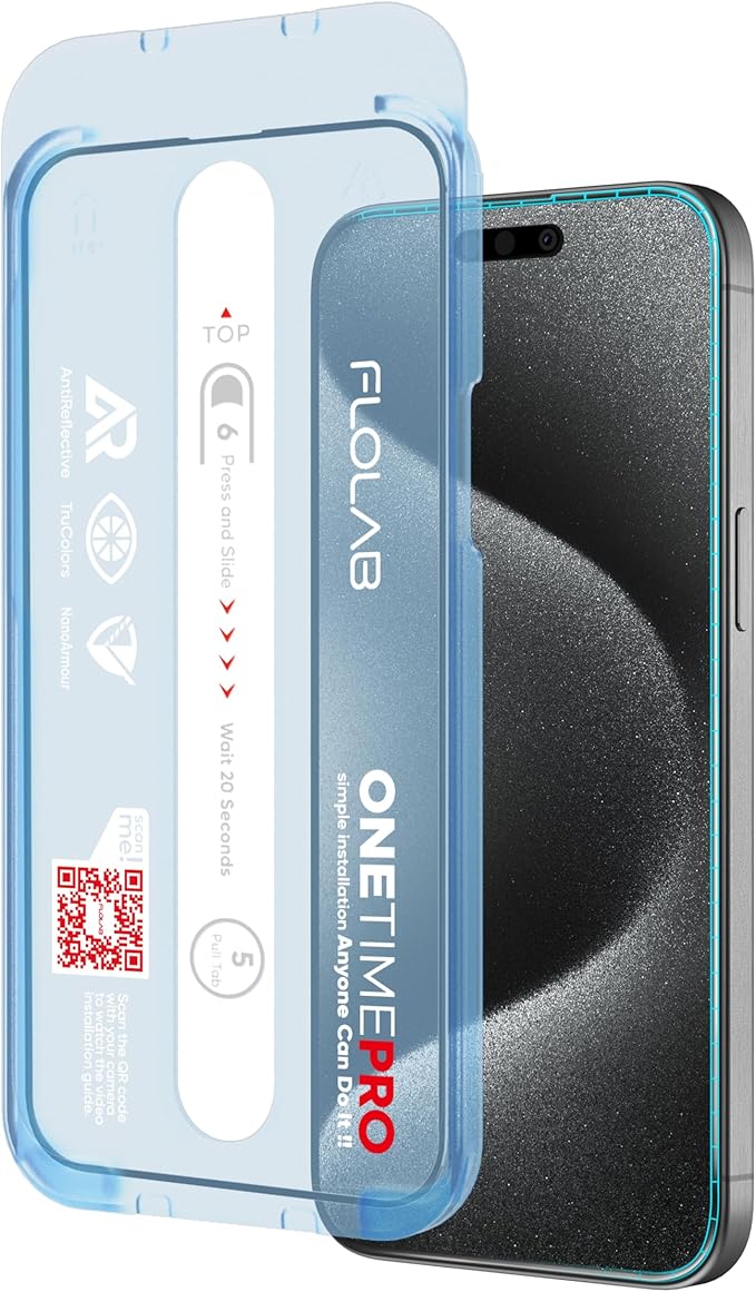 FLOLAB NanoArmour ONETIME PRO for iPhone 15 Pro Screen Protector Anti-Reflective Anti-Rainbow 3D Tempered Glass Ultra Clear Edge Reinforced Easy Install Dust-Free Scratch Resistant