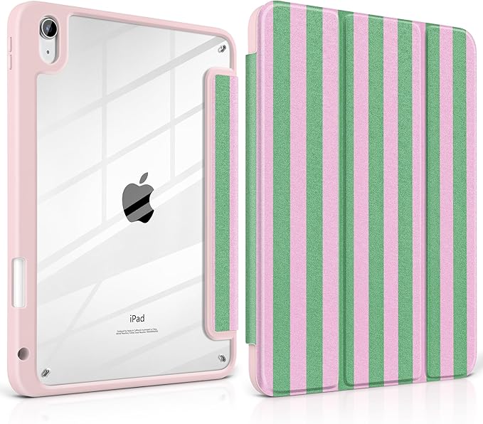 DONGKE Case for iPad (A16) 11th Generation 11 inch 2025 &amp iPad 10th Gen 10.9 inch 2022 [Built-in Pencil Holder] Clear Acrylic Back Trifold Stand Smart Cover Auto Sleep/Wake Green Stripes