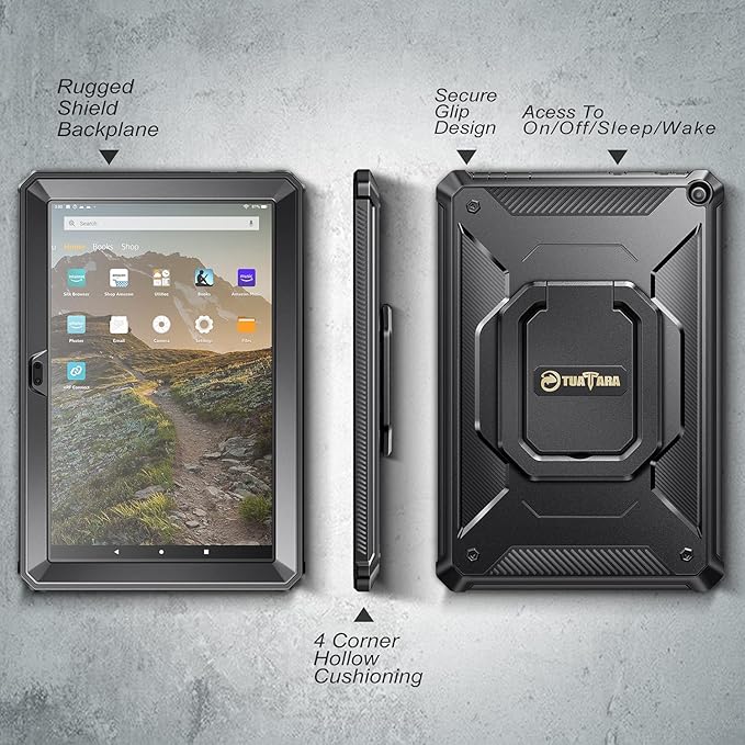 Fintie Case for Amazon Fire HD 10 &amp Fire HD 10 Plus (11th Generation 2021 Release) - [Tuatara Rotating] Multi-Functional Grip Carry Stand Cover w/Built-in Screen Protector Black