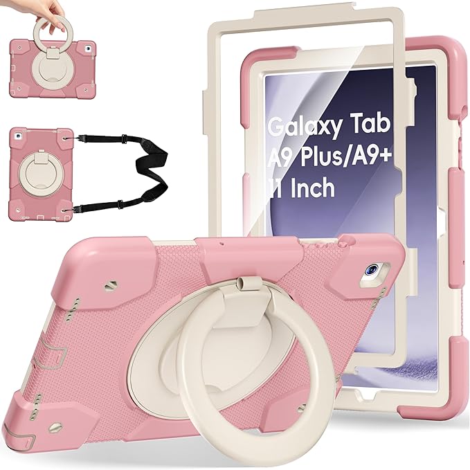 Case for Samsung Galaxy Tab A9+/A9 Plus Case 11 Inch with Screen Protector/360° Rotating Stand/Pen Holder/Shoulder Strap Shockproof Cover for Tablet A9+ 5g (Pink)