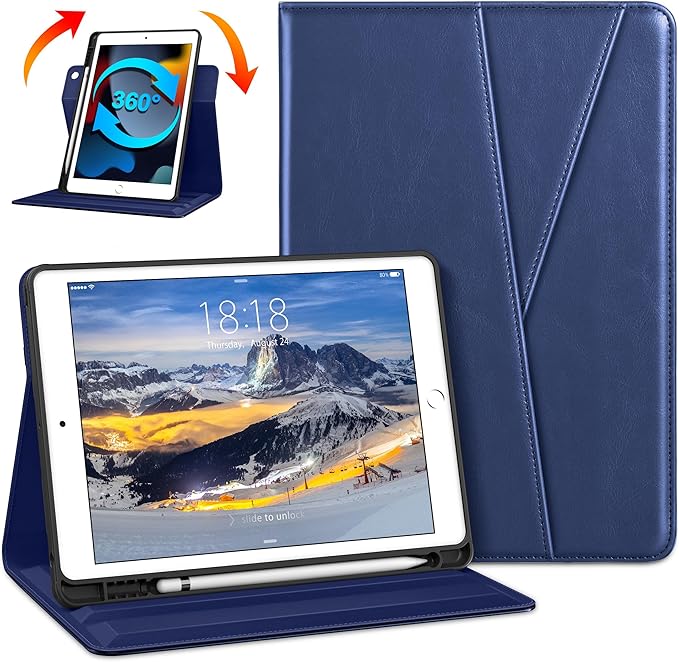 DTTO for iPad 9th / 8th / 7th Generation Case 10.2 Inch (2021/2020/2019) 360 Degree Rotating Premium Leather Folio Stand Cover with Pencil Holder Navy Blue