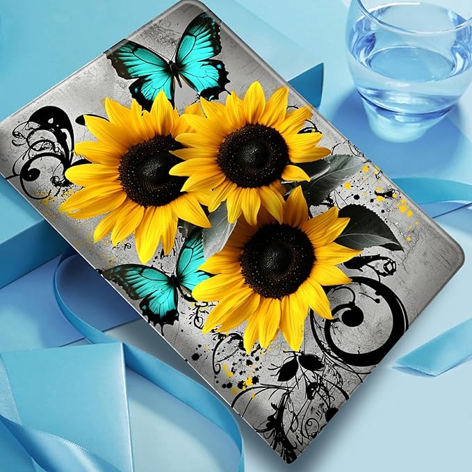 Case for iPad (A16) 11th Generation 11 Inch 2025/10th Generation 10.9 Inch 2022 PU Leather Smart Protective Cover with Auto Sleep/Wake for iPad 11/10 GenSunflowers Blue Butterflies