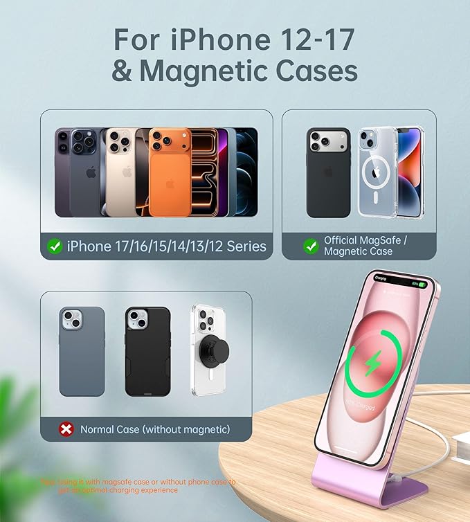 Magnetic Wireless Charger for iPhone 17/16/15/14/13/12 - Mag Charger+20W USB C Adapter Fast Wireless Charging Stand/Pad with 5ft Cable for iPhone 17/16/15/14/13/12 Pro Max Plus Mini 17 Air Pink