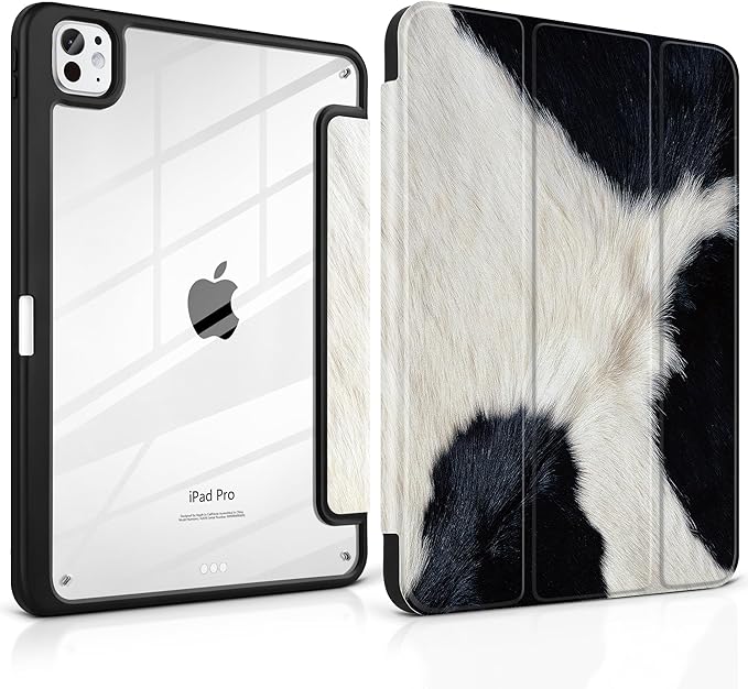 TWOLSKOO Case for iPad Pro 11-inch (M5 2025 / M4 2024) Clear Acrylic Back with TPU Bumper Pencil Holder Trifold Stand Auto Sleep/Wake Cow Print