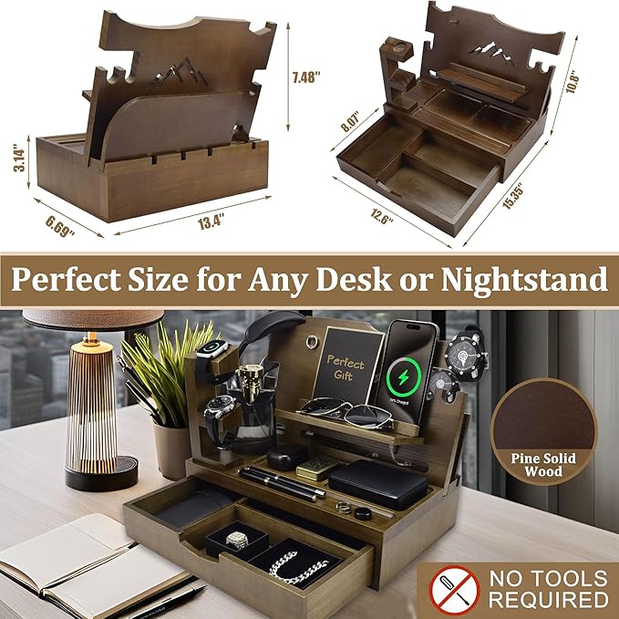 Nightstand Organizer for Men with Large Drawer Wood Phone Docking Station for Phone Apple Watch Wallet &amp Keys Ideal Birthday Gift for Father Husband Bedside Desk Organizer (Brown)