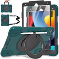 Case for iPad 9th/8th/7th Generation 10.2 inch Shockproof Cover with Screen Protector/360° Rotate Stand/Pencil Holder/Shoulder Strap Kids Case for iPad 2021/2020/2019 (Dark Green+Black)
