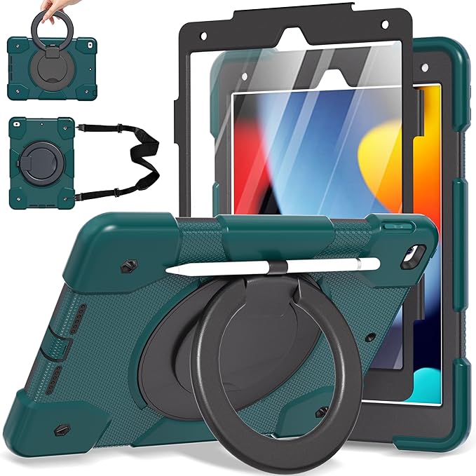 Case for iPad 9th/8th/7th Generation 10.2 inch Shockproof Cover with Screen Protector/360° Rotate Stand/Pencil Holder/Shoulder Strap Kids Case for iPad 2021/2020/2019 (Dark Green+Black)