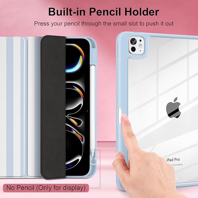Case for iPad Pro 13 inch (M5) 2025 (M4) 2024 Release with Pencil Holder - Cute Preppy Coastal Design Aesthetic Blue White Striped Trifold Cover with Soft Bumper Clear Back Auto Sleep/Wake