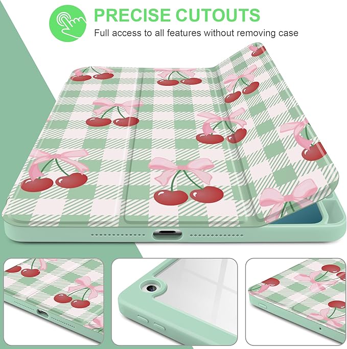 DONGKE for iPad 9th/8th/7th Generation Case 10.2 Inch (2021/2020/2019) [Auto Sleep/Wake &amp Pencil Holder] Clear Acrylic Back Trifold Stand Cover Green Cherry