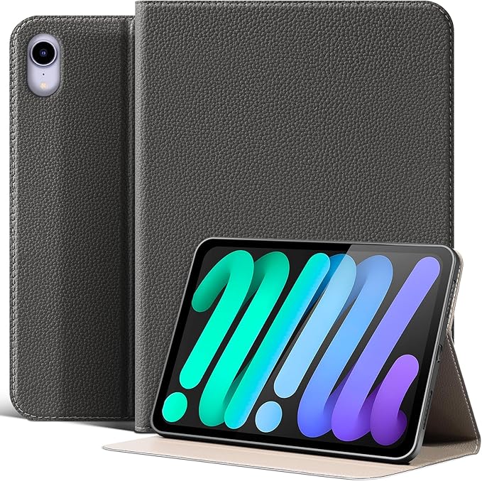 Case for iPad mini 7 (A17 Pro) 2024 iPad mini 6th Generation 2021 Leather Protective Shockproof Smart Cover Adjustable Stand - Auto Wake/Sleep and Multiple View Angles Dark Gray