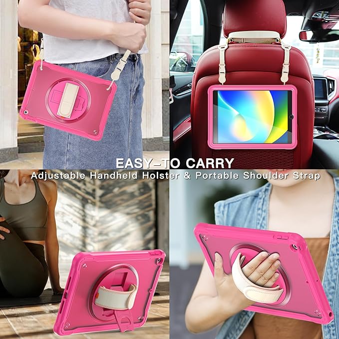 BRAECNstock for iPad 9th/ 8th/ 7th Generation Case 10.2 2021/2020/2019Shockproof Cover with 360° Rotating Hand Strap/StandScreen ProtectorCarrying Shoulder StrapPencil Holder(Rose Red)