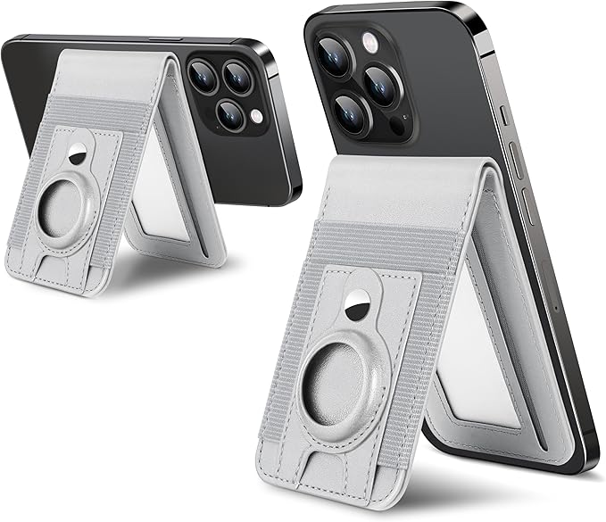 For Magsafe Wallet Stand with Airtag Holder Strongest Magnetic Wallet for iPhone 17/16/15/14/13/12 Series ID Window 4 Card Slots 10 Cards Holder Vegan Leather RFID Blocking Light Gray