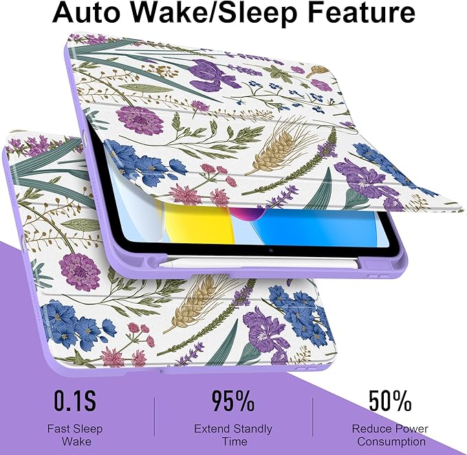 DONGKE Case for iPad (A16) 11th Generation 11 inch 2025 &amp iPad 10th Gen 10.9 inch 2022 [Built-in Pencil Holder] Clear Acrylic Back Trifold Stand Smart Cover Auto Sleep/Wake Purple Wildflower